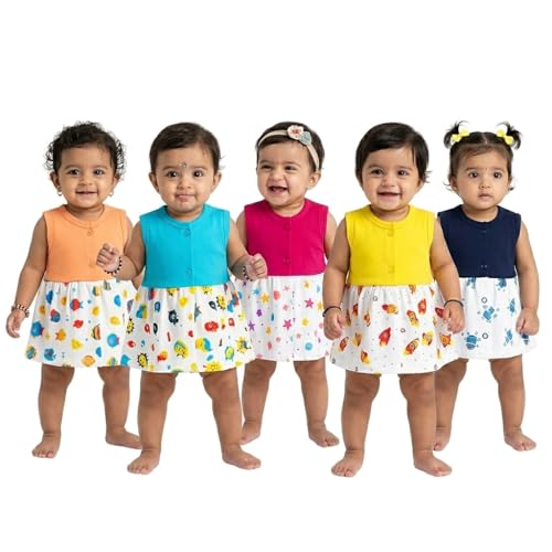 VParents Knee-Length Sleeveless Cotton Frocks for Baby Girls – 12-18 Months (Pack of 5), Round Neck A Line Mini Short Dress for Kids - Image 1