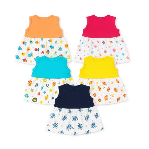 VParents Knee-Length Sleeveless Cotton Frocks for Baby Girls – 12-18 Months (Pack of 5), Round Neck A Line Mini Short Dress for Kids - Image 2