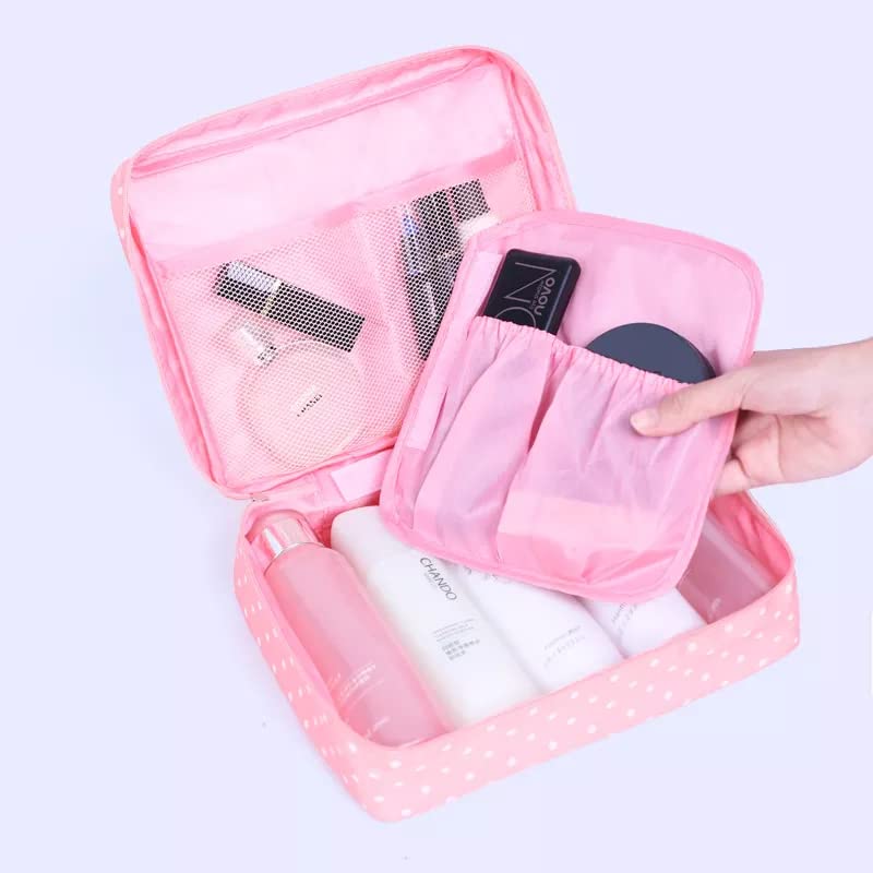 ERHETUS Multipurpose Travel Cosmetic Makeup Pouch | Multi Pockets Toiletry Bags & Travelling Pouches for Girls | Inner Ware Storage Organizer & Wash Bag for Women - Pink Dot (Size: 21x16x08 cm) - Image 3