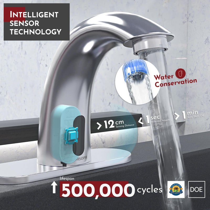Primsoph Automatic Motion Sensor Hands Free Electronic Infrared Smart Commercial Touchless Bathroom Sink Faucet With Cover Plate Temperature Mixer Battery Or Plug-In Powered Chrome - Image 2