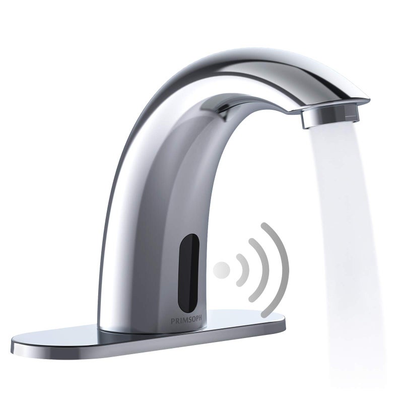 Primsoph Automatic Motion Sensor Hands Free Electronic Infrared Smart Commercial Touchless Bathroom Sink Faucet With Cover Plate Temperature Mixer Battery Or Plug-In Powered Chrome - Image 1