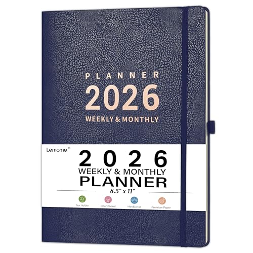 Lemome 2026 Planner - Jan 2026 - Dec 2026, 2026 Planner Weekly and Monthly, 8.5" x 11", Pen Holder, Calendar Stickers, Pocket, 25 Notes Pages, Faux Leather Cover, A4 Premium Paper - Blue - Image 1