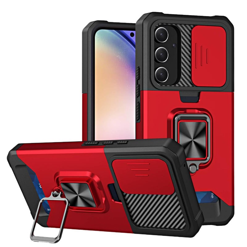 غطاء واقي بTPU + PC لـ samsunga17/a26 باللون أحمر بوظيفة حامل من مادة TPU مع حامل بطاقات وحامل قائم مع مقاوم للصدمات مع حماية من السقوط سهل الحمل للتخزين العملي للطاولة - Image 1