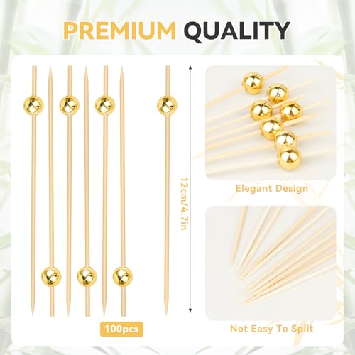 HOPELF 100PCS Cocktail Picks, Fancy Toothpicks for Appetizers, Decorative Skewers for Appetizers Drinks Party Fruit, 4.7 Inch Long Wooden Bamboo Gold Ball Food Sticks Charcuterie Boards Accessories - Image 2