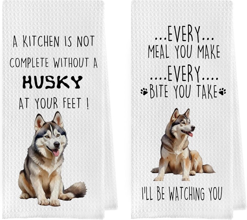 Geqtt Funny Husky Dish Towels Set - Decorative Waffle Weave Kitchen Hand Tea Towels, Siberian Husky Gifts (1624 Inches, Set of 2) - Image 1