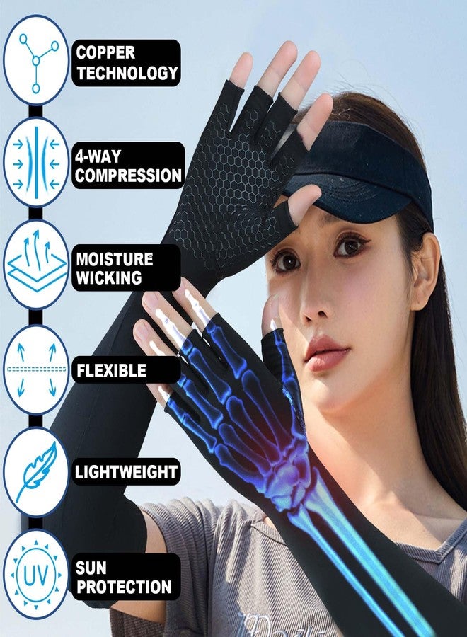 Gorbgle Long Copper Arthritis Gloves for Carpal Tunnel, Compression Gloves for Hand Pain Relief, Wrist Arm Support, Fingerless Typing Gloves for Rheumatoid, Tendonitis, Fits Women Men, 1 Pair, Medium - Image 2