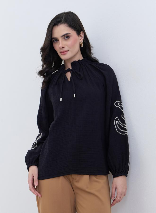 Styli Black Embroidered Long Sleeve Blouse - Image 1
