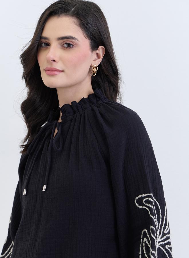 Styli Black Embroidered Long Sleeve Blouse - Image 4