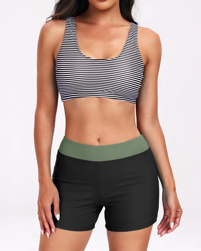Holipick Green Stripe Long Sleeve Swimsuits for Women - 3 Piece Rash Guard with Shorts Zipper SPF Swim Shirt with Built in Bra L - Image 4