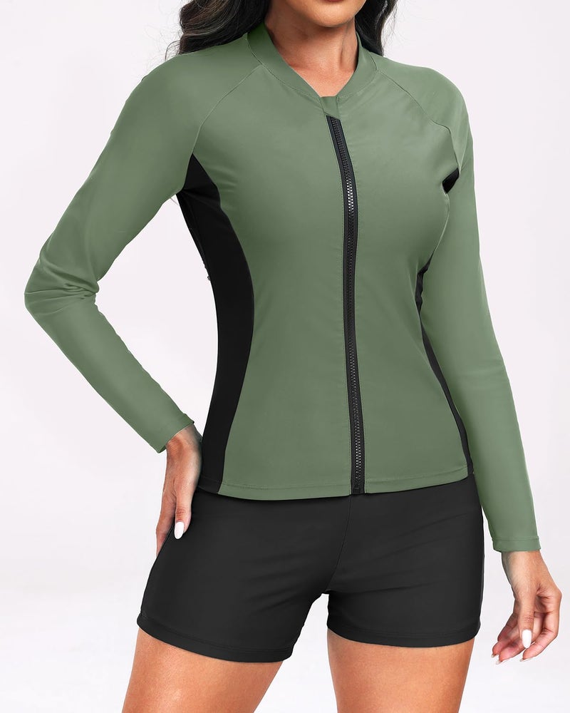 Holipick Green Stripe Long Sleeve Swimsuits for Women - 3 Piece Rash Guard with Shorts Zipper SPF Swim Shirt with Built in Bra L - Image 3