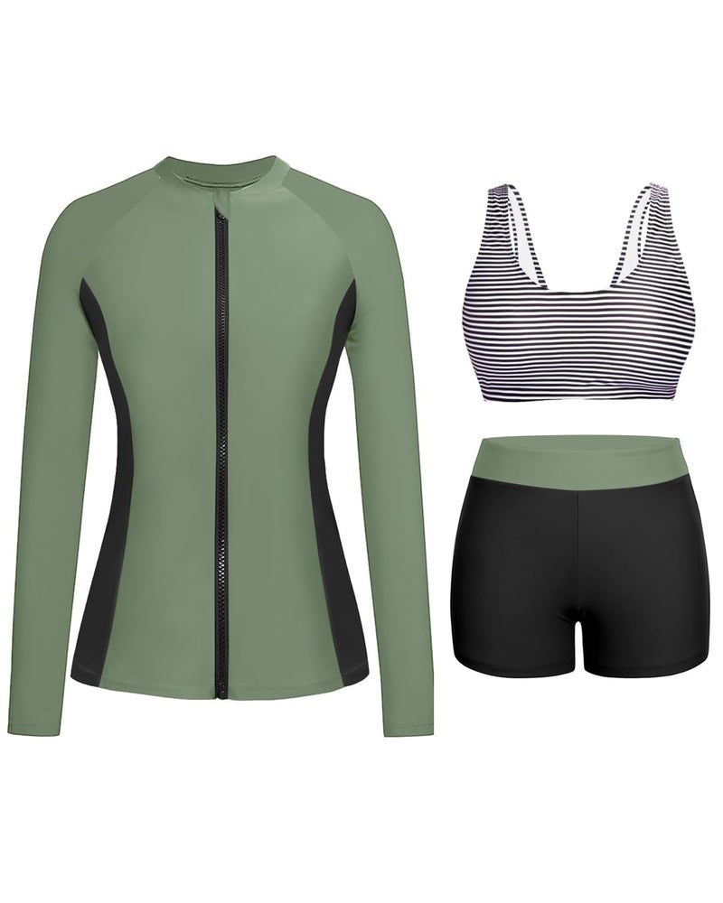 Holipick Green Stripe Long Sleeve Swimsuits for Women - 3 Piece Rash Guard with Shorts Zipper SPF Swim Shirt with Built in Bra L - Image 1