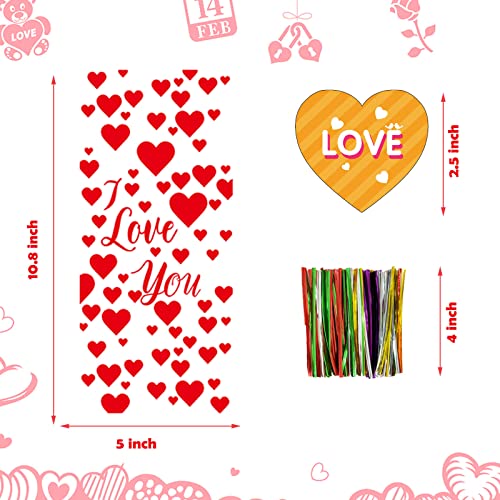 JQAQJU 150 PCS Valentine Gift Bags Valentines Cellophane Treat Bags Bulk for Holiday Goodie Candy With 36 PCS Gift Tags & 200 PCS Twist Ties for Valentines Party - Image 2