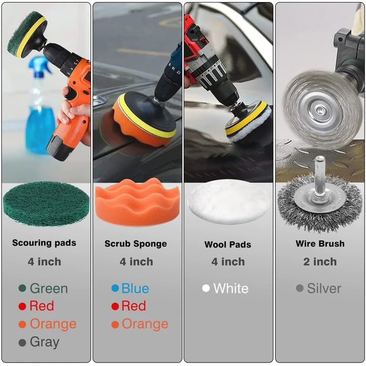 ETOUPA 30 Piece Drill Brush Attachments Set, Scrub Pads & Sponge & Wire Brush for Drill, Power Scrubber Brush with Extend Long Attachment, Drill Scrubber Brush Kit for Bathroom, Floor, Car, Grout - Image 4