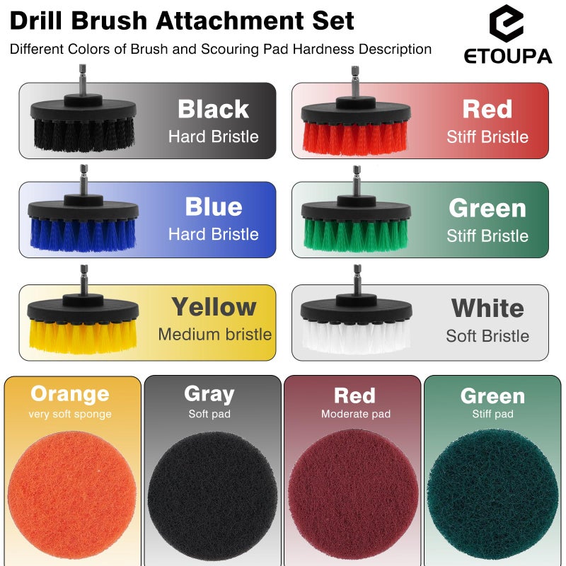 ETOUPA 30 Piece Drill Brush Attachments Set, Scrub Pads & Sponge & Wire Brush for Drill, Power Scrubber Brush with Extend Long Attachment, Drill Scrubber Brush Kit for Bathroom, Floor, Car, Grout - Image 3