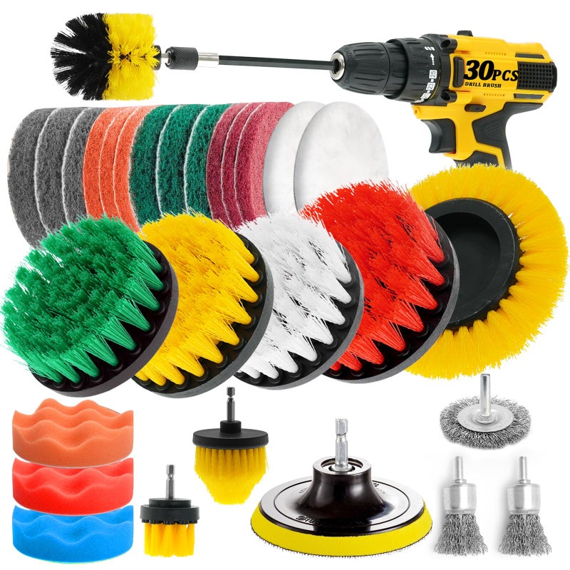 ETOUPA 30 Piece Drill Brush Attachments Set, Scrub Pads & Sponge & Wire Brush for Drill, Power Scrubber Brush with Extend Long Attachment, Drill Scrubber Brush Kit for Bathroom, Floor, Car, Grout - Image 1
