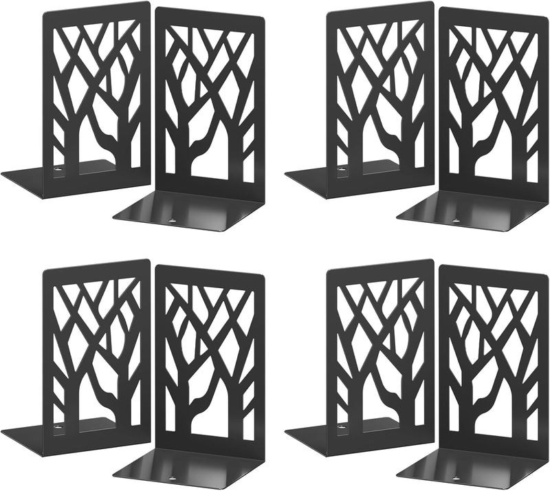 VFINE Metal Bookends, 8 Pieces Tree Design Bookends for Shelves, Black Book Ends for Desk, Bookshelf Bookends Decoration Stylish Metal Book Ends for Home Office - Image 1