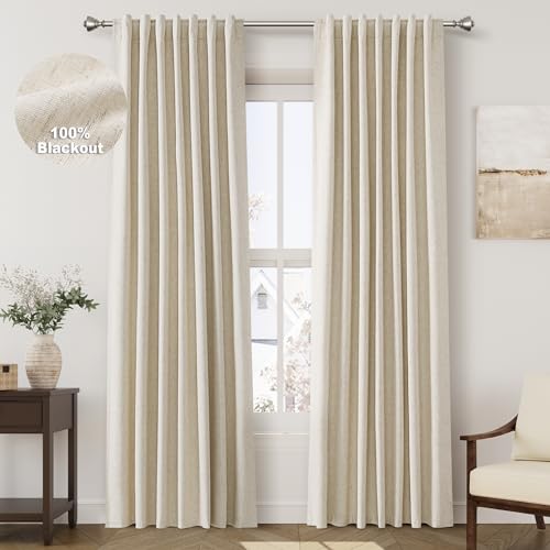 Nanspring Tan Beige Linen 100% Blackout Curtains 84 Inches Long Back Tab Burlap Flax Bedroom Black Out Curtains 2 Panel Sets Rustic Farmhouse Full Light Blocking Thermal Insulated Curtain 52x84 - Image 1