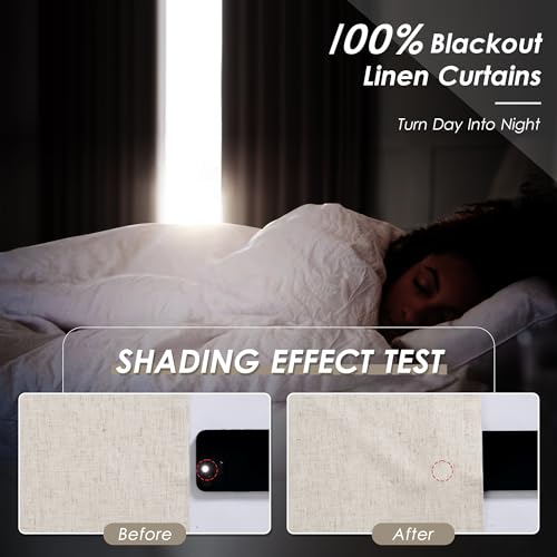 Nanspring Tan Beige Linen 100% Blackout Curtains 84 Inches Long Back Tab Burlap Flax Bedroom Black Out Curtains 2 Panel Sets Rustic Farmhouse Full Light Blocking Thermal Insulated Curtain 52x84 - Image 2