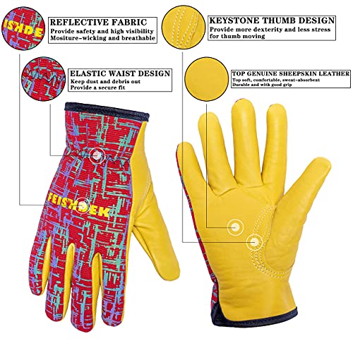 FEISHDEK Kids Genuine Leather Work Gloves, Kids Gardening Work Gloves Safety Gloves, Reflective, Breathable Design, Perfect for Children Gardening, Yard Work, Outdoor (Small, Red, 2-3 Years Old) - Image 5
