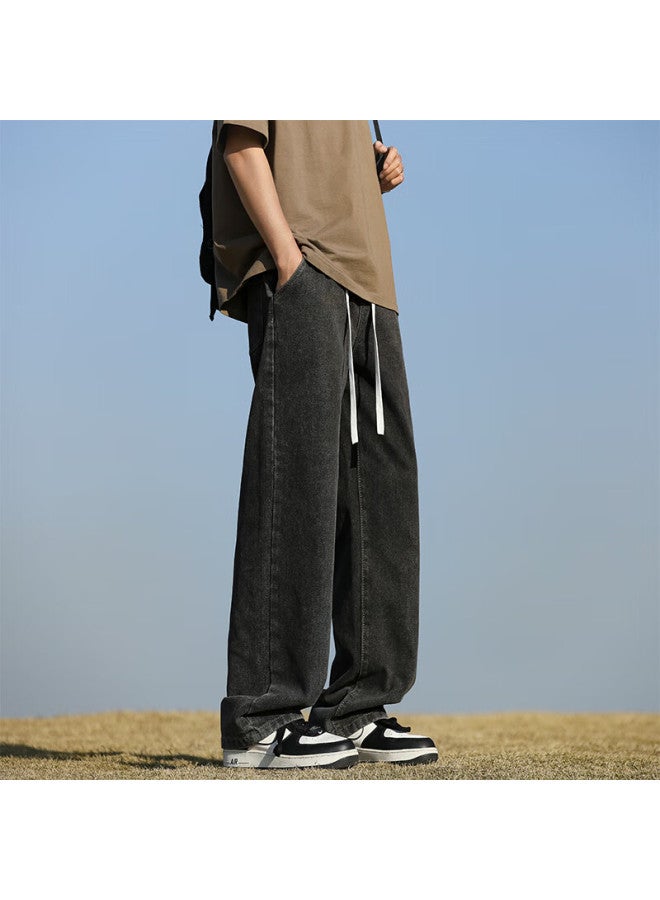 Maybeyond Men's Jeans, Autumn And Winter Loose Straight-leg Drawstring Pants, American Casual Wide-leg Trousers, Mn19 Black-gray 3XL - Image 2