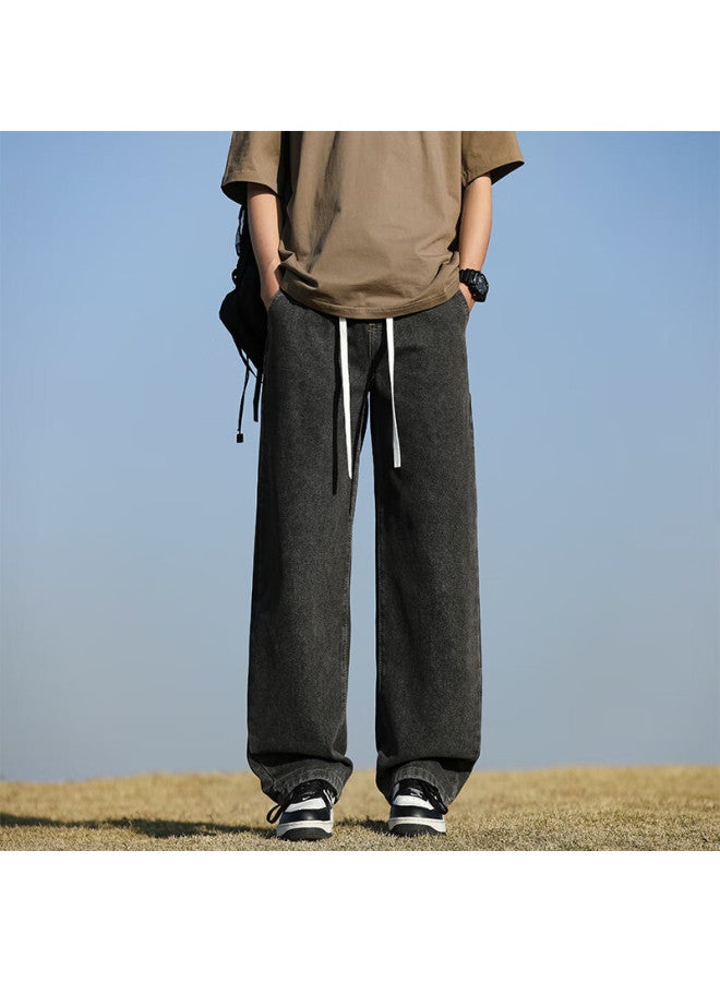 Maybeyond Men's Jeans, Autumn And Winter Loose Straight-leg Drawstring Pants, American Casual Wide-leg Trousers, Mn19 Black-gray 3XL - Image 4