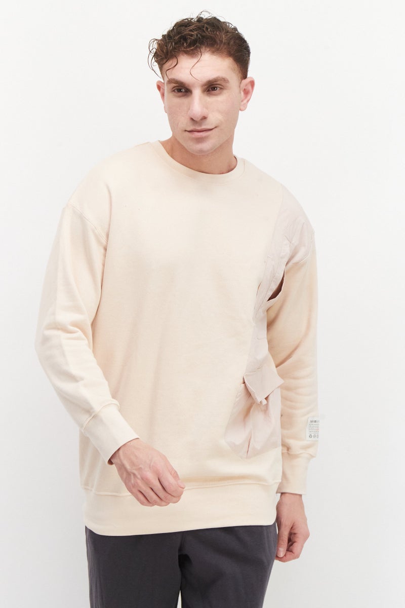 TRIBE OF 6 Men Crew Neck Short Sleeve Contrast Pocket Oversized Sweatshirt, Peach - Image 1