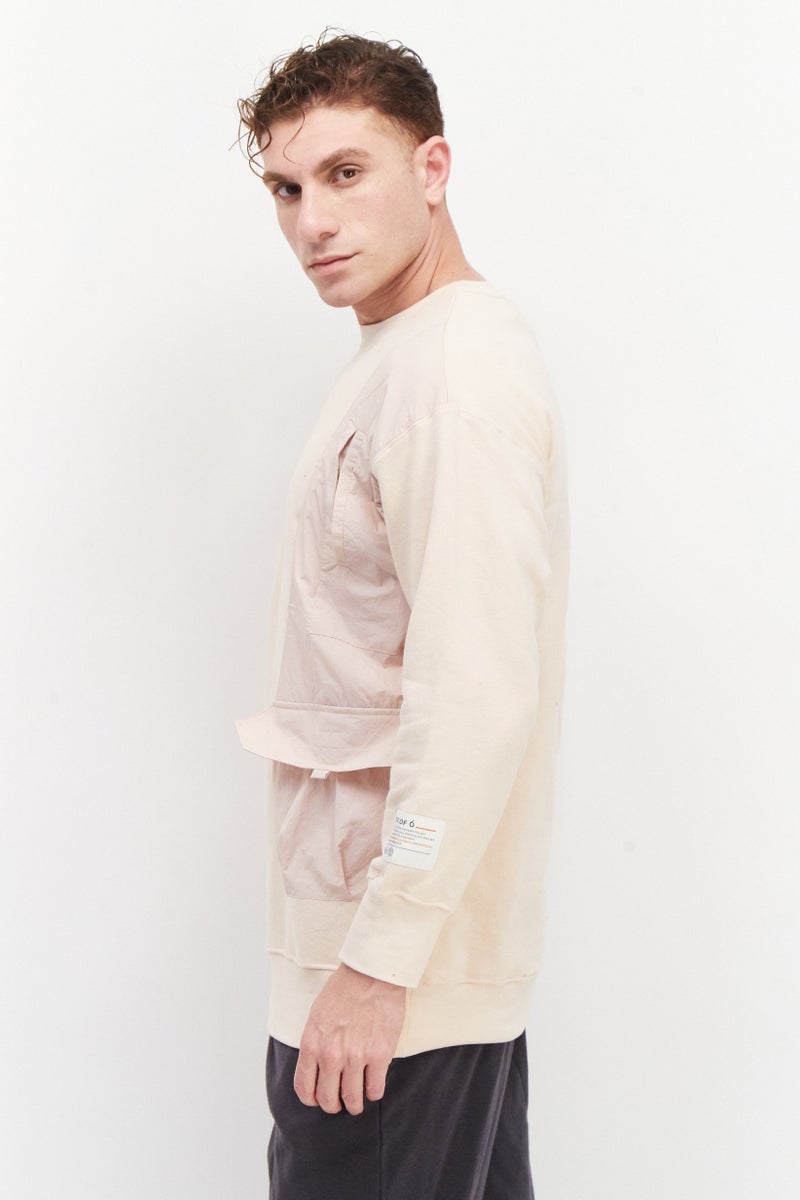 TRIBE OF 6 Men Crew Neck Short Sleeve Contrast Pocket Oversized Sweatshirt, Peach - Image 3