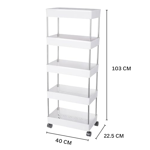 PULSBERY 5 Layer Kitchen Trolley Organizer with 5 Shelves, White, Modern Style, Plastic Vegetable Trolley Rack for Kitchen Storage - Image 3