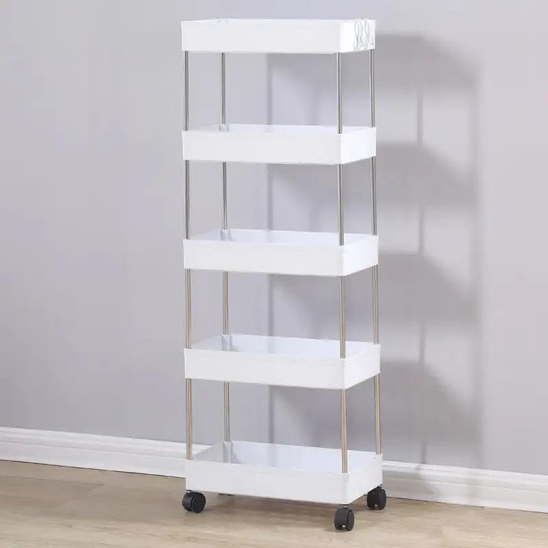 PULSBERY 5 Layer Kitchen Trolley Organizer with 5 Shelves, White, Modern Style, Plastic Vegetable Trolley Rack for Kitchen Storage - Image 1