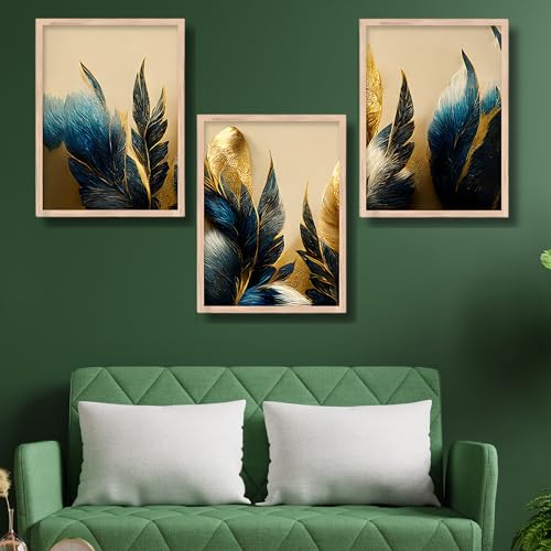 Nozvera Madhubani Modern Leaf Framed Art Set of 3 Pcs | Big Size Wooden Photo Frame | Pichwai Wall Hanging Painting Set for Wall Decoration | Wall Decor Item for Living Room, Home, Bedroom & Office - Image 1