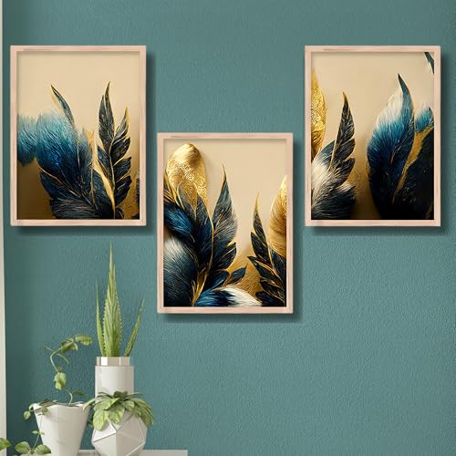 Nozvera Madhubani Modern Leaf Framed Art Set of 3 Pcs | Big Size Wooden Photo Frame | Pichwai Wall Hanging Painting Set for Wall Decoration | Wall Decor Item for Living Room, Home, Bedroom & Office - Image 3