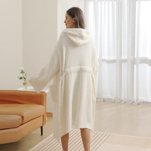 bearberry Hooded Robe Cozy Robe Lightweight Soft Plush Bathrobe with Pockets for Women (Cream) - Image 3