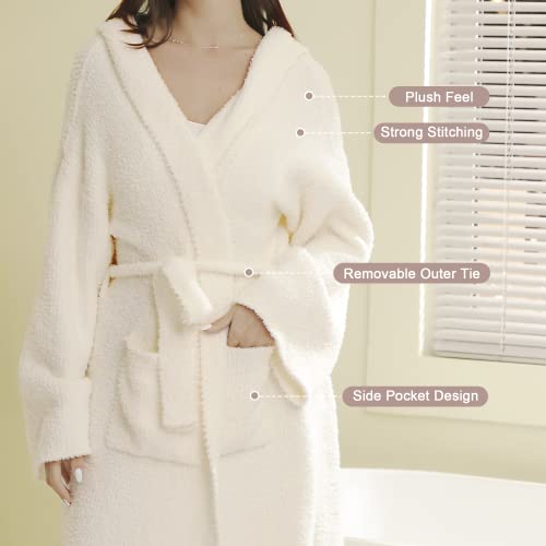 bearberry Hooded Robe Cozy Robe Lightweight Soft Plush Bathrobe with Pockets for Women (Cream) - Image 2