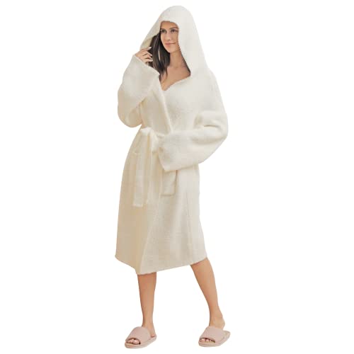bearberry Hooded Robe Cozy Robe Lightweight Soft Plush Bathrobe with Pockets for Women (Cream) - Image 1