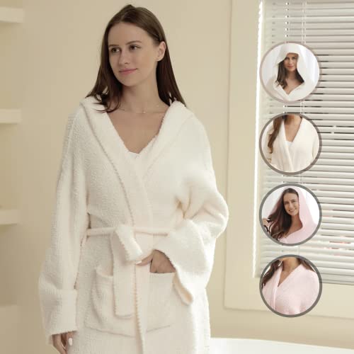 bearberry Hooded Robe Cozy Robe Lightweight Soft Plush Bathrobe with Pockets for Women (Cream) - Image 5