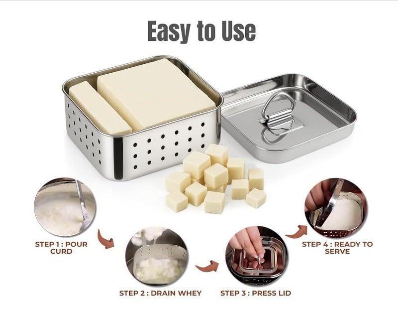 faas Stainless Steel (450ml Large) Square Paneer/Tofu/Sprout Press Mould Maker Strainer Dimension: 12.5x12.5x4 cm, Silver - Image 2