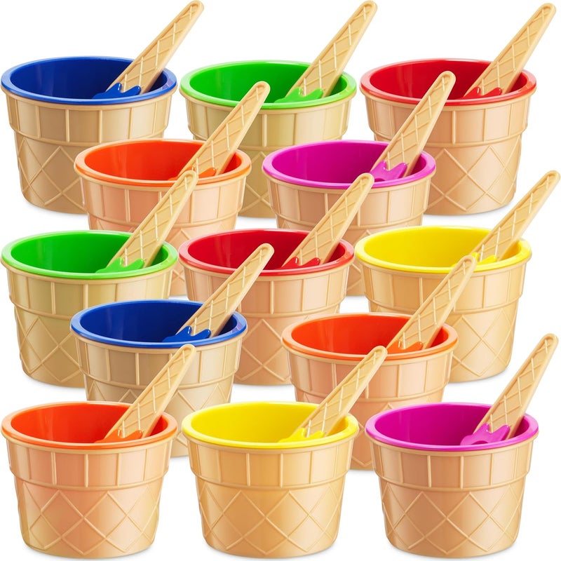 JoyServe Ice Cream Bowls and Spoons Set  Pack of 12 Reusable Plastic Ice Cream Cups and Waffle Cone Shaped Spoons for Dessert Frozen Yogurt Gelato Birthday Party Decorations - Image 1