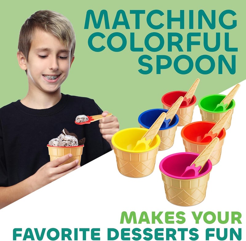 JoyServe Ice Cream Bowls and Spoons Set  Pack of 12 Reusable Plastic Ice Cream Cups and Waffle Cone Shaped Spoons for Dessert Frozen Yogurt Gelato Birthday Party Decorations - Image 2
