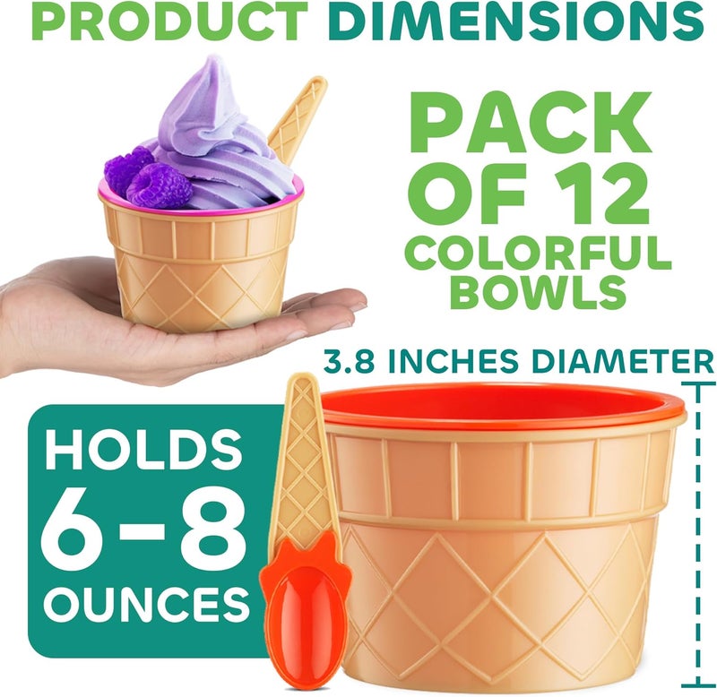 JoyServe Ice Cream Bowls and Spoons Set  Pack of 12 Reusable Plastic Ice Cream Cups and Waffle Cone Shaped Spoons for Dessert Frozen Yogurt Gelato Birthday Party Decorations - Image 3