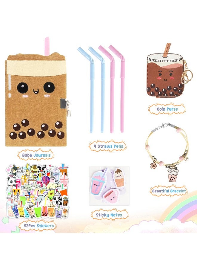 Primo Lines Gift Kit for Girls, Diary with Lock and Key,Boba Tea Plush Journal for Teen Girls,fuzzy diary for girls,Kawaii Birthday Gift Set for 5,6,7,8,9,10,Kids Notebooks with Purse,Bracelet,4 Straws Pens, Post-it Note,Stickers  - Image 2