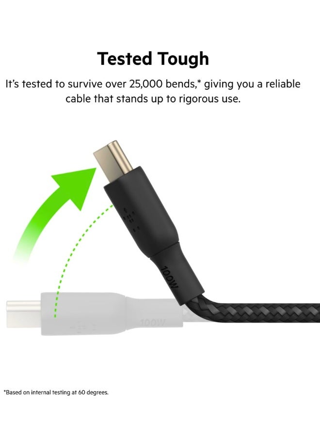 تشيس اب كابل USB من النوع C إلى C، توصيل طاقة 100 وات، معتمد من USB-IF، كابل شاحن USB C 2.0 مع طبقة خارجية من النايلون المضفر المزدوج لأجهزة iPhone 16 و15 وiPad وMacBook وGalaxy وPixel والمزيد - 2 متر، أسود - Image 3