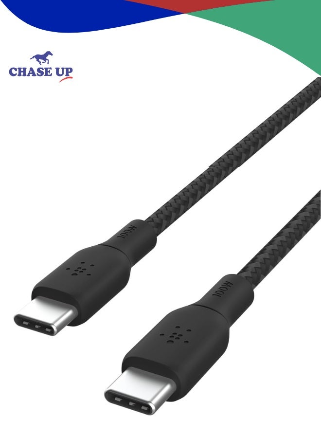 تشيس اب كابل USB من النوع C إلى C، توصيل طاقة 100 وات، معتمد من USB-IF، كابل شاحن USB C 2.0 مع طبقة خارجية من النايلون المضفر المزدوج لأجهزة iPhone 16 و15 وiPad وMacBook وGalaxy وPixel والمزيد - 2 متر، أسود - Image 1