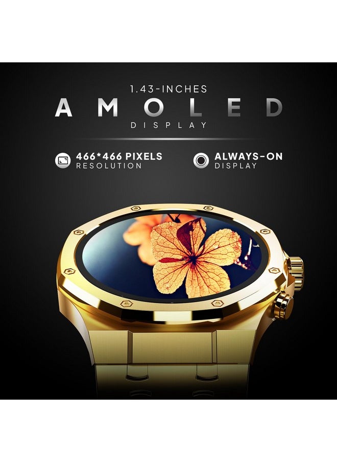 Fire-Boltt - Fire-Boltt Royale Luxury Stainless Steel Smart Watch 1.43” AMOLED Display, Always On Display, 750 NITS Peak Brightness 466 * 466 px Resolution. Bluetooth Calling, IP67, 75Hz Refresh Rate (Gold) - Image 1