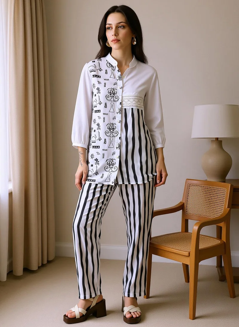 QISSA Qissa Women's Midnight Black:Off-White Striped Block Print Kurti With Trousers For Ethnic Wear | Mandarin Collar, Long Regular Sleeves | Abstract Print Plain Fabric | 2 Piece Kurta Set Designed For Casual & Daily Wear