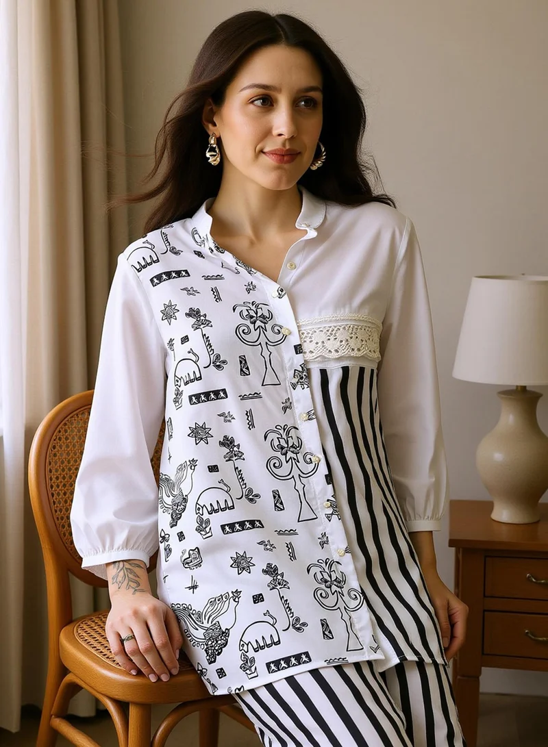 QISSA Qissa Women's Midnight Black:Off-White Striped Block Print Kurti With Trousers For Ethnic Wear | Mandarin Collar, Long Regular Sleeves | Abstract Print Plain Fabric | 2 Piece Kurta Set Designed For Casual & Daily Wear