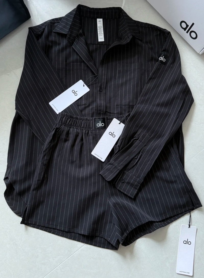 alo Alo Unisex Loose Oversized Striped Long-Sleeve Shirt and Shorts Set - Image 1