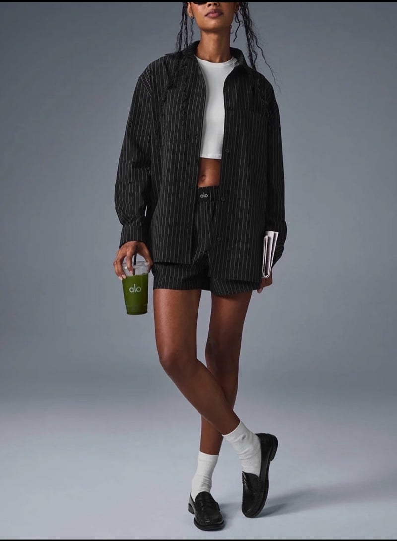 alo Alo Unisex Loose Oversized Striped Long-Sleeve Shirt and Shorts Set - Image 2