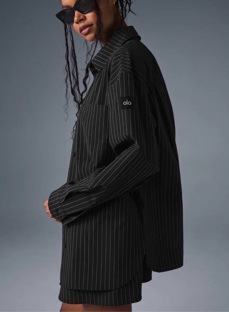 alo Alo Unisex Loose Oversized Striped Long-Sleeve Shirt and Shorts Set - Image 3