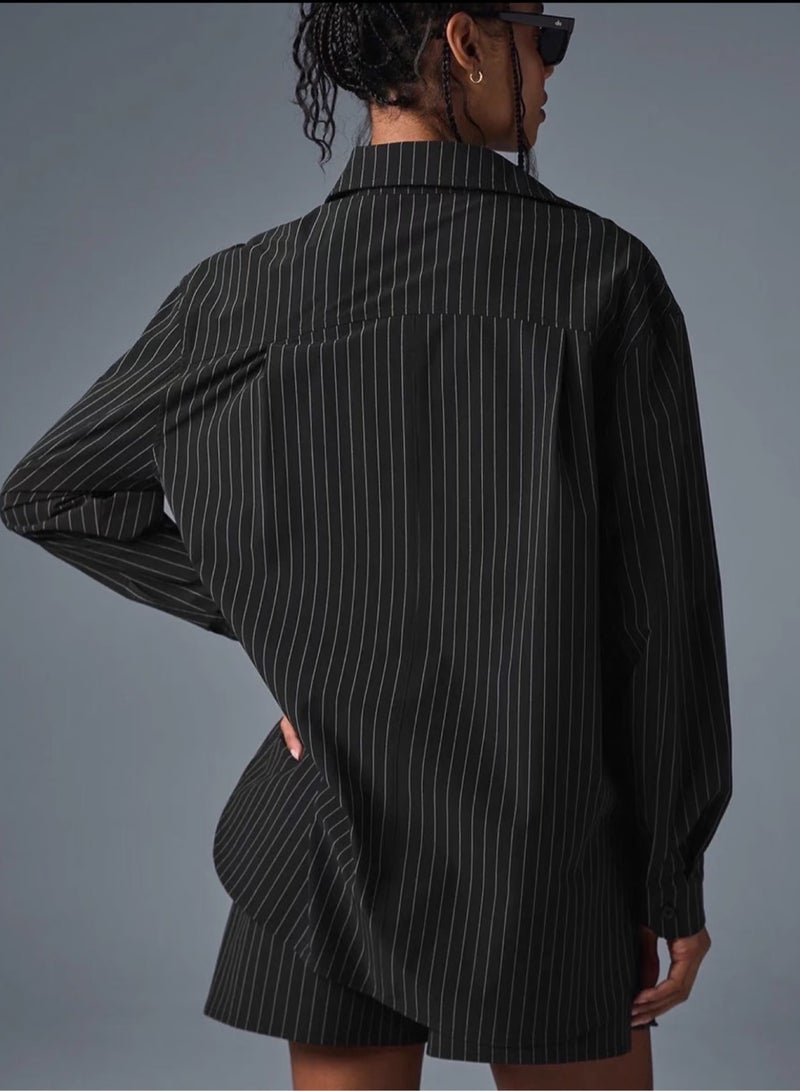 alo Alo Unisex Loose Oversized Striped Long-Sleeve Shirt and Shorts Set - Image 4