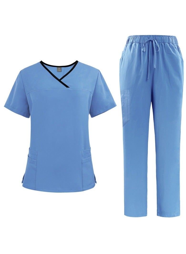 Loquat Womens Medical Uniform Scrubs 2 Piece Set V-Neck Top and Elastic Waist Straight Pants Suit Sky Blue - Image 1